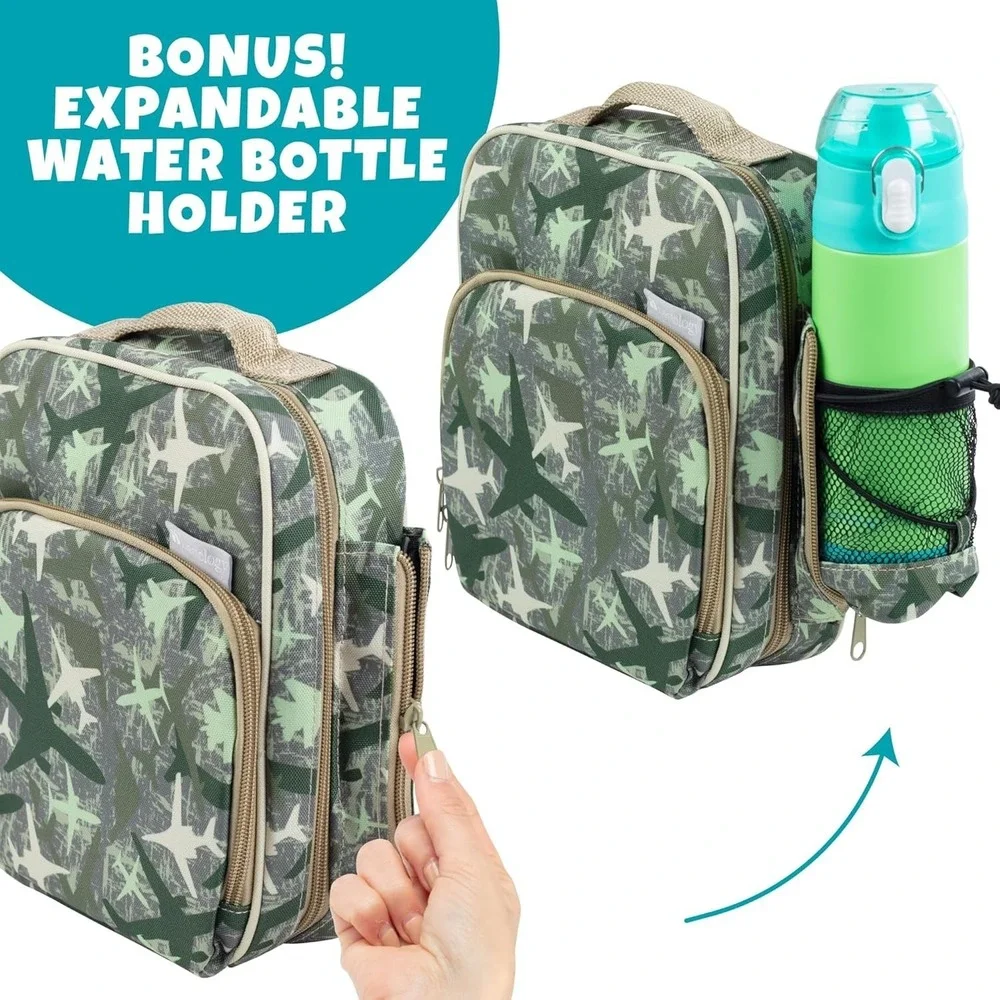 Kids Insulated Lunch Box w Snack Pocket & Water Bottle Holder - Jets